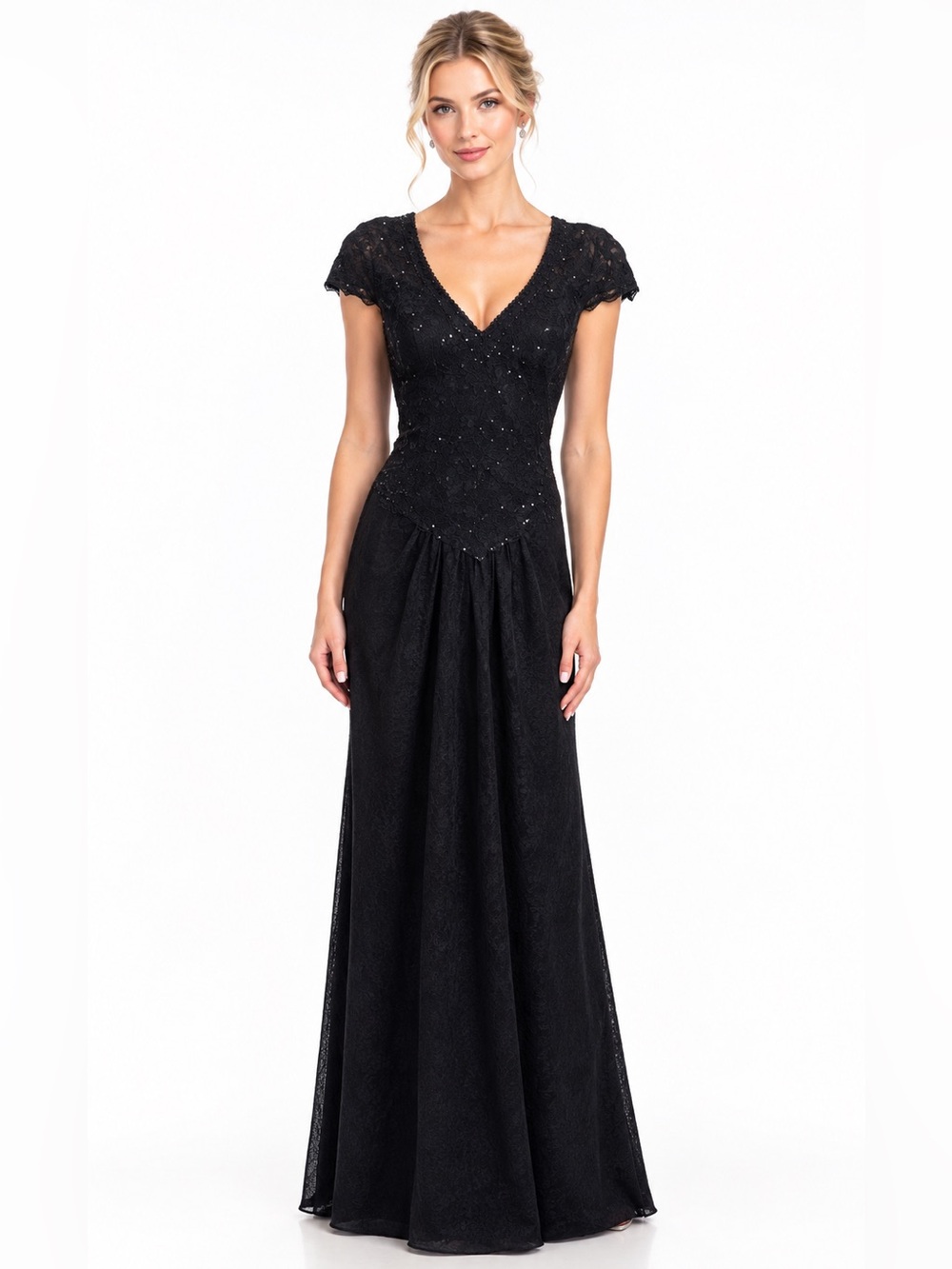 NWT Elegant Black V-Neck Lace Evening Gown